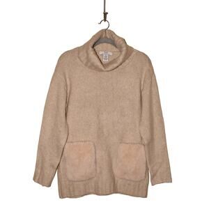 M MAGASCHONI $98 Faux Fur Pocket Pullover Turtleneck Tunic Sweater Beige‎ XS